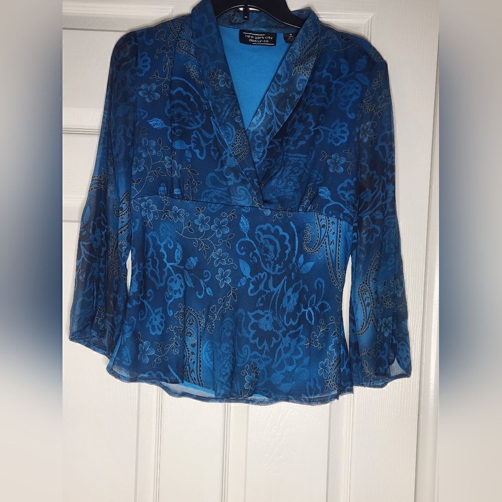 New York City M NavyUsafaBlue 100% SILK Bell Slv Lined Collar Women Blouse